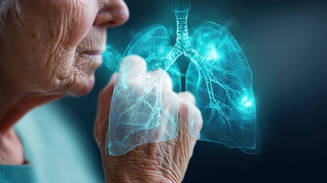 COPD chronic obstructive pulmonary disease medical illustration showing progressive respiratory airway inflammation, bronchial narrowing, lung tissue damage, emphysema and chronic bronchitis pathologi