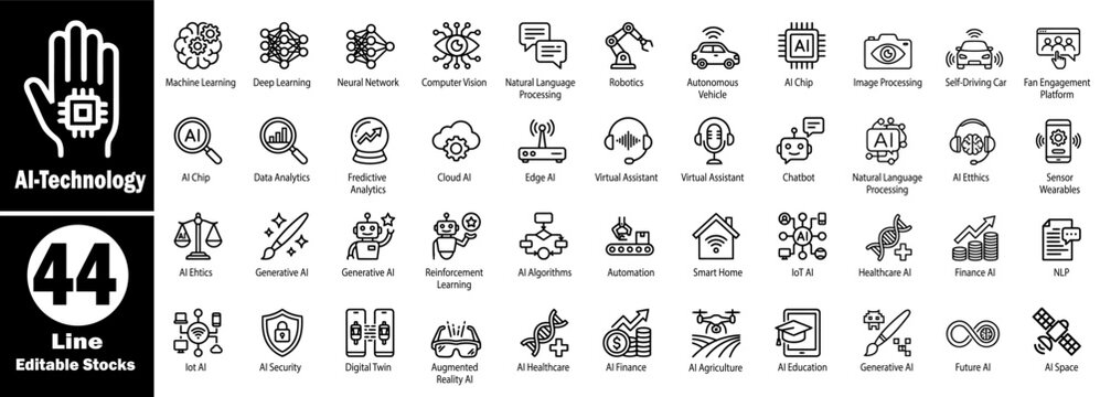 Detailed set of modern AI technology icons. Depicting machine learning, deep learning, robotics, and digital innovation industry concepts.