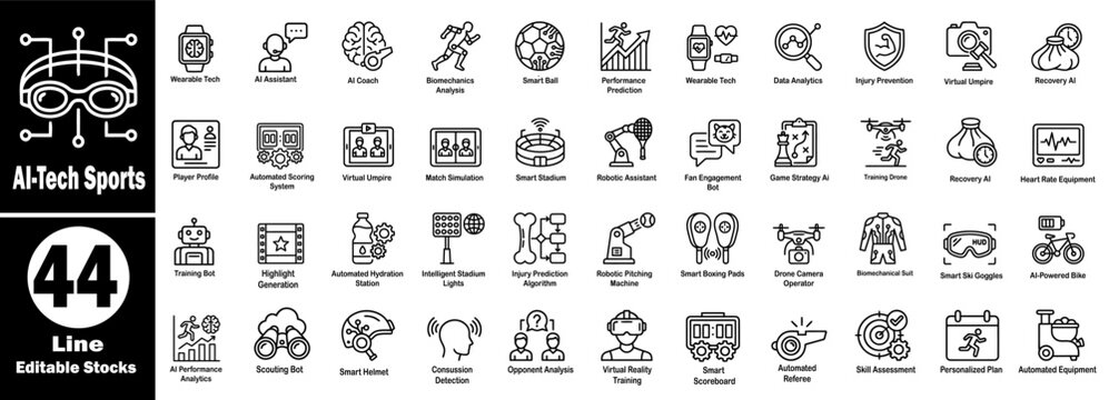 Collection of forty four linear stroke icons illustrating advanced AI technology applications for sports performance enhancement and athletic analysis.
