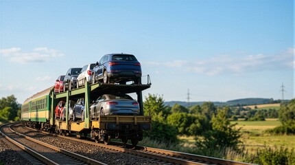Obraz premium A train with a stack of cars on the back of it.