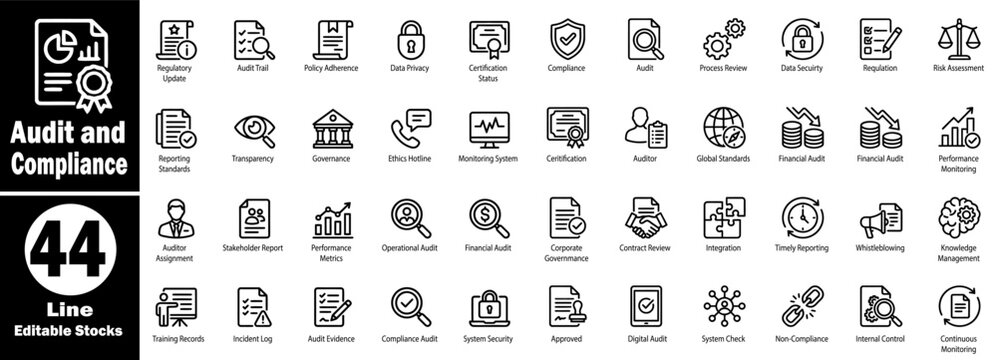 Audit and compliance icons collection set line editable stocks including regulatory update audit trail, policy adherence, data privacy certification status, and compliance.