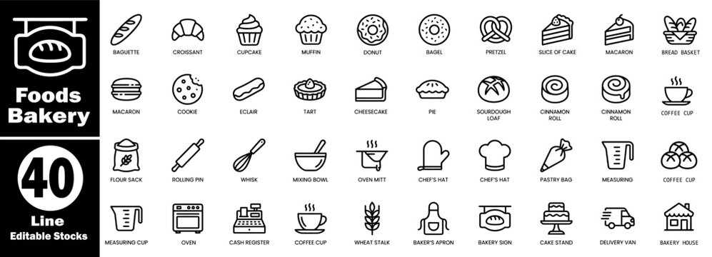 Foods bakery line icon collection for web and app, modern editable stroke signs for bakery items, ingredients, and kitchen tools.