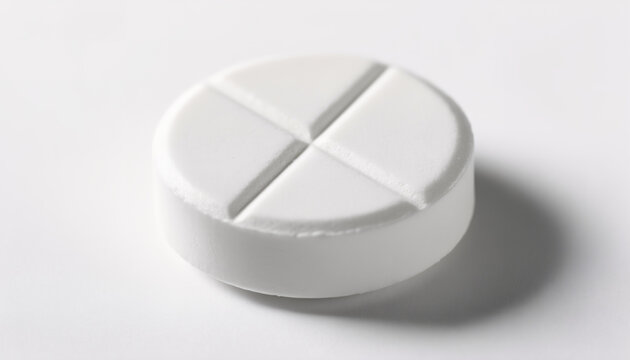 Macro high angle view of a white round medicinal tablet with cross score lines isolated on a clean white background representing pharmaceutical drugs healthcare and prescription medication