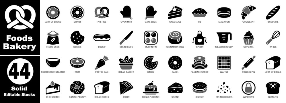 Bakery solid icons set. Contains editable stocks like a loaf of bread, a donut, a pretzel, an oven mitt, a cake slice, a pie, a macaron, and a croissant.