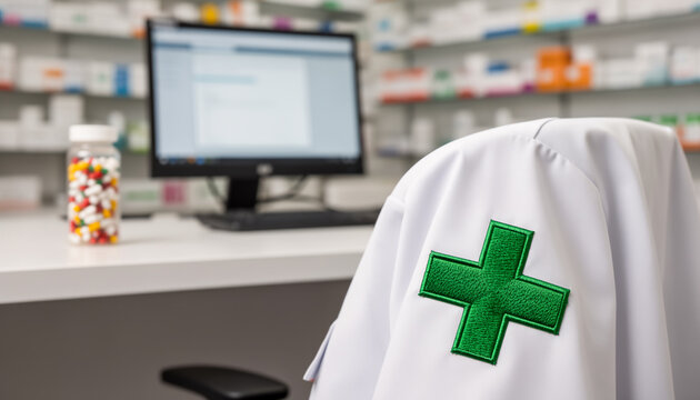 Professional white pharmacist lab coat with a green cross medical patch hanging in a modern pharmacy with a blurred computer monitor and medicine bottles on shelves in background