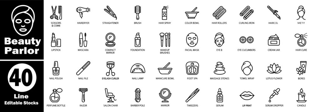 Beauty parlor line icons. Contain editable stocks like scissors and comb, hairdryer, straightener, brush, hairspray, and color bowl.
