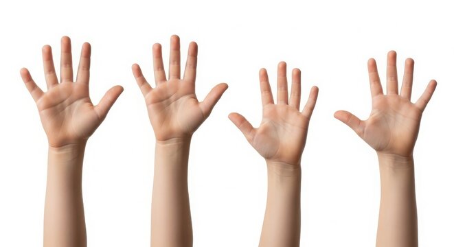 Four raised hands with open palms question participation teamwork