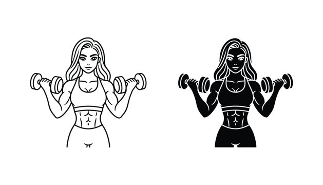 Fit woman lifting dumbbells icon set featuring athletic female character in line and solid black styles for gym fitness app design and workout training program branding