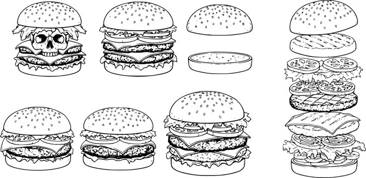 Collection of hand-drawn black and white hamburgers, including a skull burger and deconstructed burger