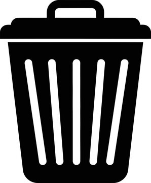 Black trash can icon with handle and slotted sides on transparent background