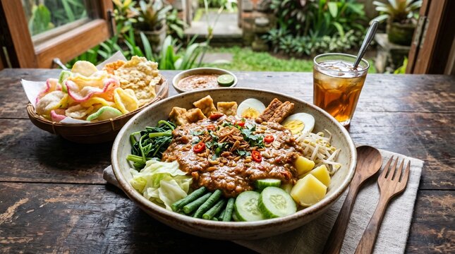 Delicious Indonesian Gado Gado salad with fried tempeh and iced tea