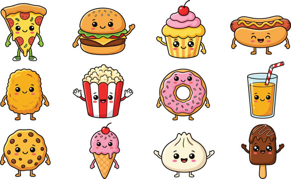 Kawaii cute fast food and dessert character icon set including pizza burger hotdog cupcake donut cookie popcorn and ice cream for stickers