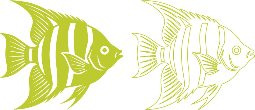 Stylized angelfish vector icons, lime green tropical fish silhouettes, decorative marine life illustrations for aquarium and ocean branding