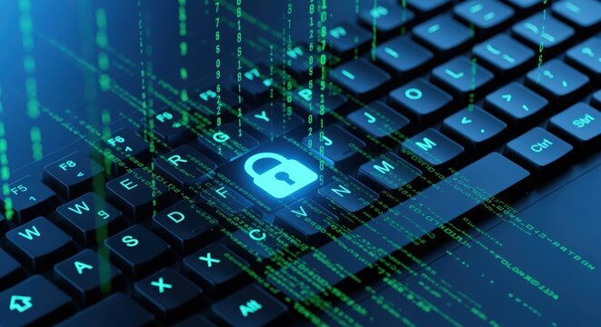 Cybersecurity concept with a glowing padlock icon on a computer keyboard and falling digital code, representing data protection and encryption.