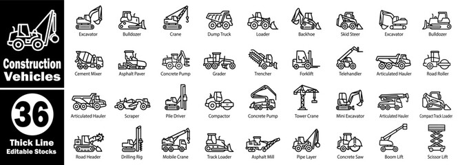 Construction vehicles thick line icon set for web, mobile. modern vector linear editable stocks for graphic and web design. © Hafiz