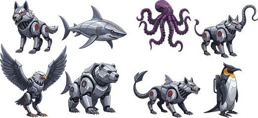 Fototapeta premium Futuristic Robotic Animals Collection with Mechanical Wolf, Shark, Octopus, Eagle, Bear, and Penguin Sci-Fi Vector Illustration Set for Game and Concept Design