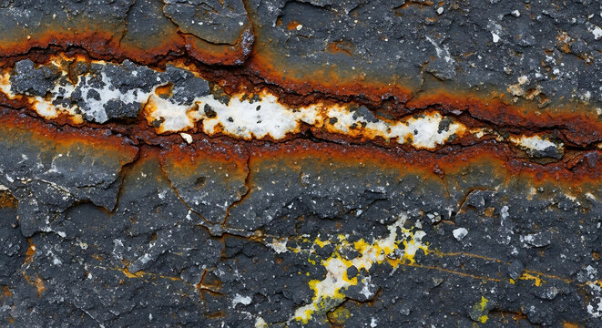 Abstract Closeup Texture of Heavily Corroded Metal Surface with Vibrant Orange Rust White Mineral Deposits and Flaking Dark Material for Industrial Background Design