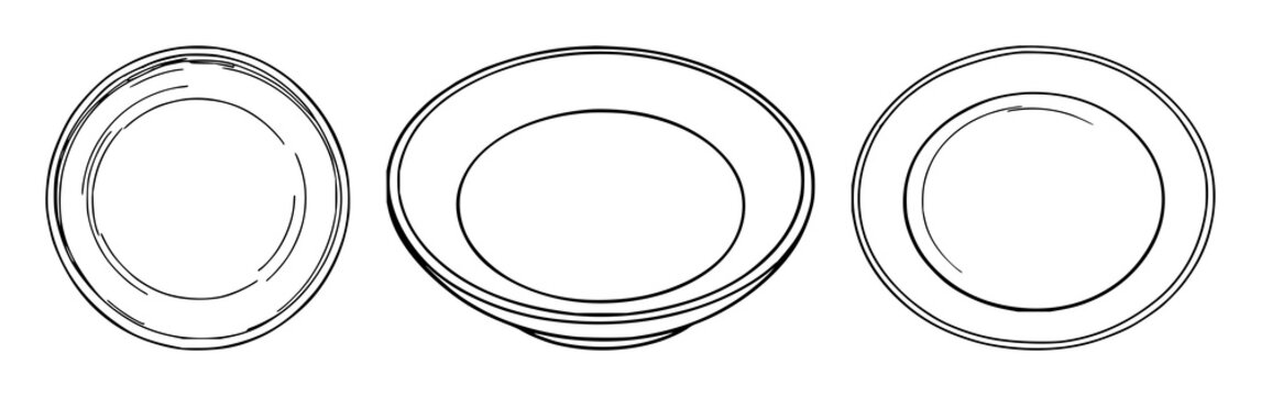Ceramic plate set with simple black line art on white background featuring ceramic plate, line art, minimalist design with ceramics and illustration