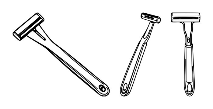 Safety razor set with black line art on white background featuring razor, shaving, grooming with line art and minimalist