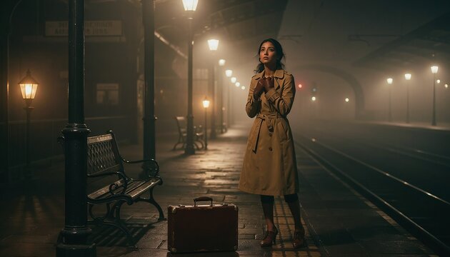 Woman in a Vintage Trench Coat Standing Alone on a Foggy Gas Lit Train Platform at Midnight Looking Down Empty Tracks 