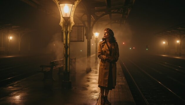 Woman in a Vintage Trench Coat Standing Alone on a Foggy Gas Lit Train Platform at Midnight Looking Down Empty Tracks 