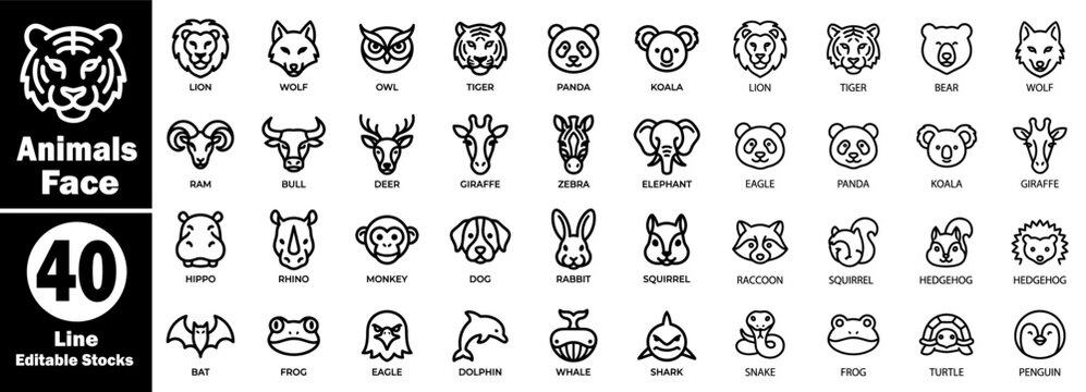 Animal faces line art icons. Such as tiger, wolf, owl, panda, lion, bear, elephant, giraffe, rhino, dog, rabbit, cat, monkey, bat, frog, eagle.