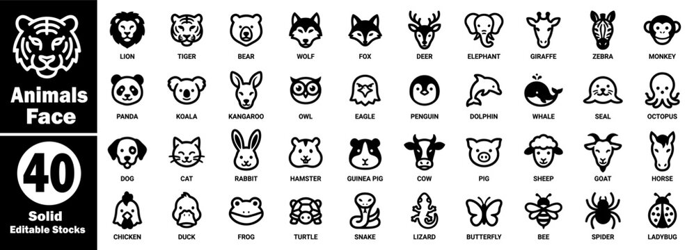 Animal faces solid editable icons.  Featuring lion, tiger, bear, wolf, dog, cat, rabbit, elephant, giraffe, panda, koala, cow, pig, sheep, goat, horse, chicken.