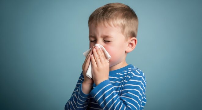 young boy sneezing into tissue in blue striped shirt against plain background