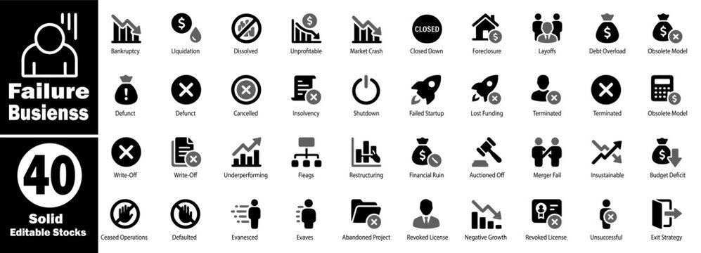 Failure Business solid icons. Corporate bankruptcy symbols, including solid black icons for liquidation, foreclosure, and financial termination.