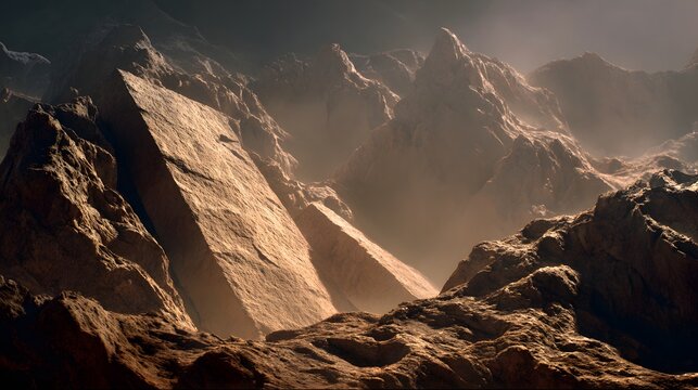 God Engraves the Ten Commandments on Two Stone Tablets on Mount Sinai by the finger of God as the main subject + high-altitude rocky terrain with subtle wind-swept textures + glowing inscription lines