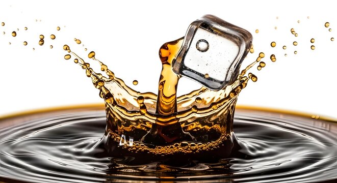 Ice cube falling into a glass of dark brown soda splash