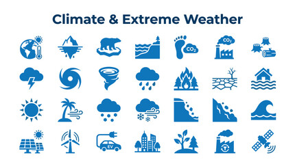 Fototapeta premium Climate Change and Extreme Weather Phenomena Icons Set Illustrating Global Warming Impacts and Environmental Issues