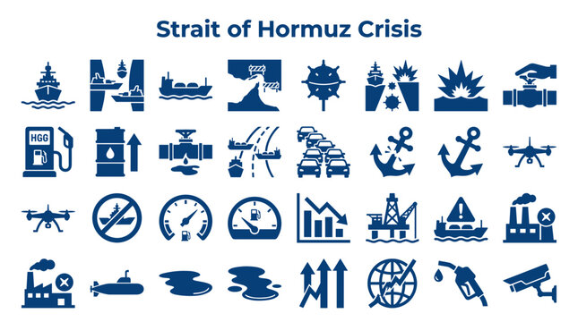 Strait of Hormuz Crisis Icons Representing Maritime Security Naval Warfare Oil Transport and Geopolitical Tensions