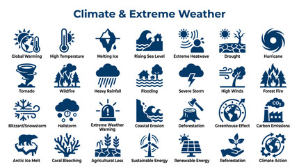 Climate change and extreme weather icons illustrating global warming melting ice rising sea levels floods droughts and natural disasters © Iconique Studio