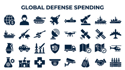 Global Defense Spending and Military Industry Icons Set Featuring Warfare Equipment and Security Symbols © Iconique Studio