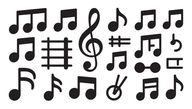 Set of black musical notes and symbols isolated on transparent background. music notation elements.