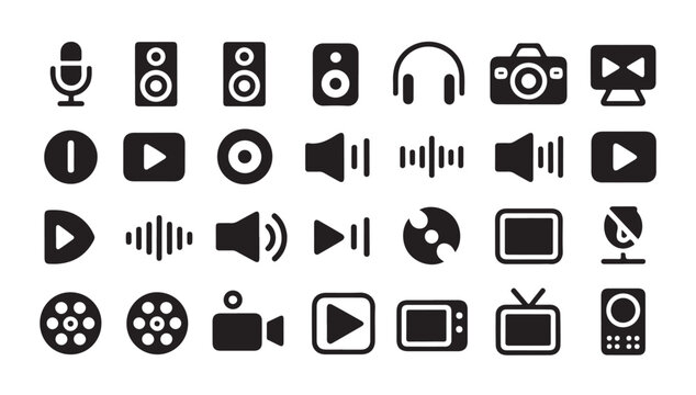 Collection of audio visual and multimedia icons for media players and streaming services.