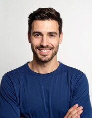 Fototapeta premium Friendly masculine aesthetic featuring a smiling man in a modern navy blue pullover