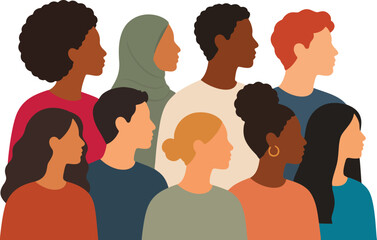 Fototapeta premium Diverse people side profile multicultural group flat vector illustration
