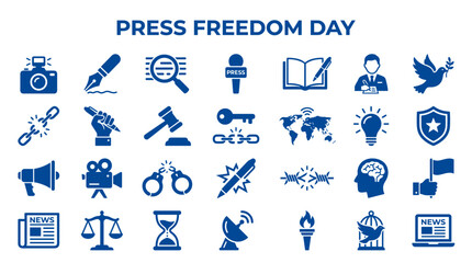 Fototapeta premium Press Freedom Day icons celebrating journalism and free speech with symbols of camera news microphone book and justice concepts