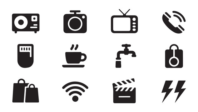 Set of electronics and household item vector silhouette icons isolated on transparent background.