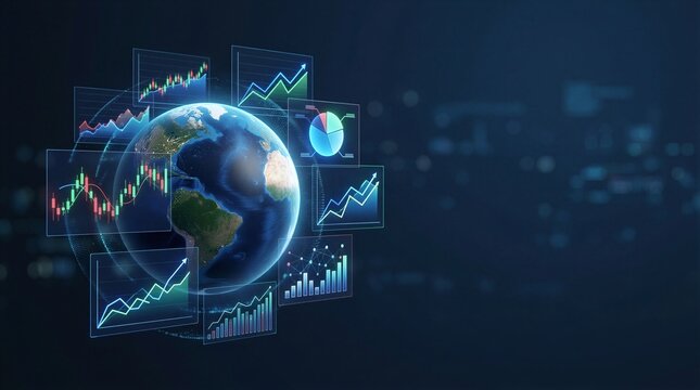A computer generated image of the Earth surrounded by various graphs and charts.