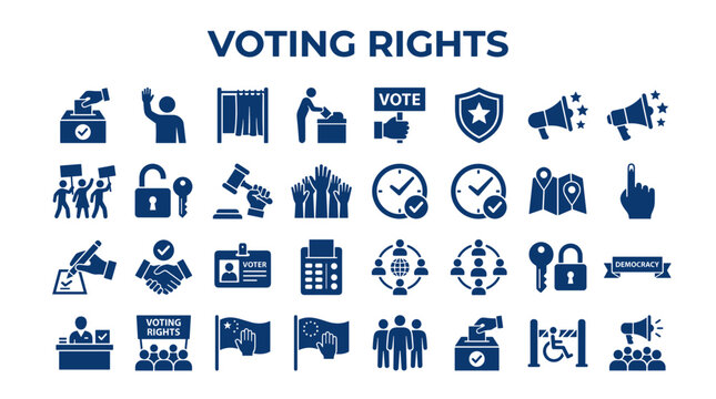 Collection of blue icons representing voting rights democracy and election concepts with symbols of ballot boxes voting booths and citizens participating in political processes