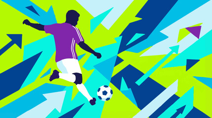 Abstract graphic illustration of a soccer player kicking a ball with geometric shapes © Siamart