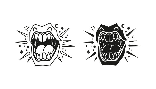 Screaming open mouth expression vector graphic set with stylized teeth and abstract artistic accents for edgy streetwear branding or comic style elements