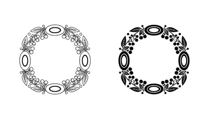 Decorative floral wreath with leaves and berries in vector illustration style for invitations and greeting card designs featuring outline and solid black graphic elements © Abstract
