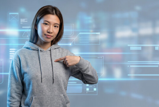 Young woman in hoodie pointing to herself in a digital tech environment, representing personal identity and innovation