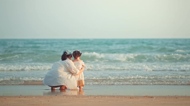 Asian mother and toddler daughter bonding by the ocean at sunset. Rear view a peaceful family vacation on a sandy beach, highlighting motherhood, love, and travel lifestyle in warm, soft natural light