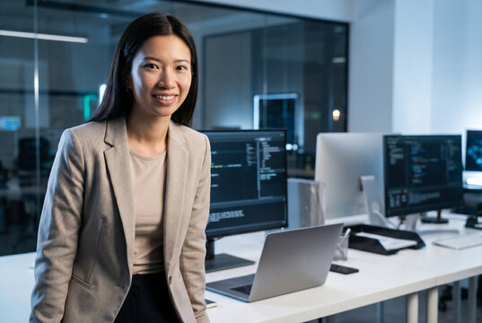 Asian female developer standing in a tech office, showing coding on monitors