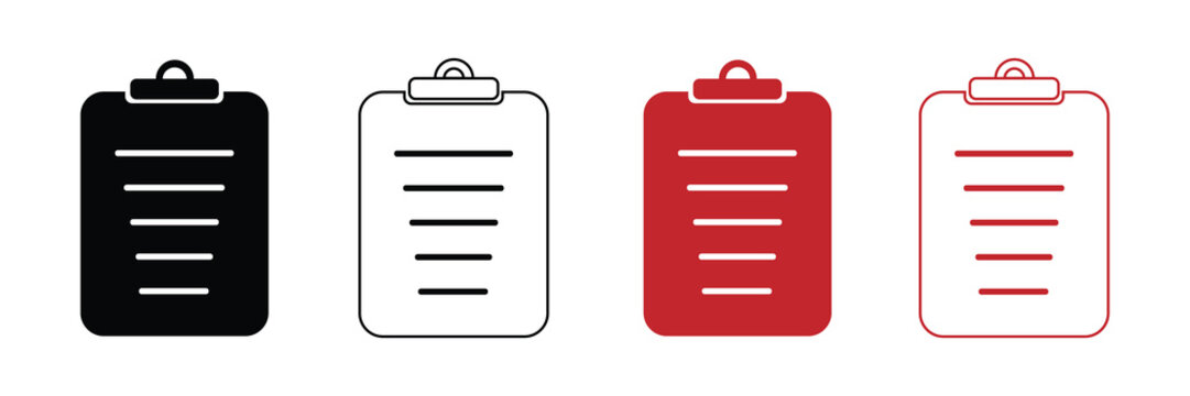 Checklist icon set, black, white, red outline task list to-do list visuals